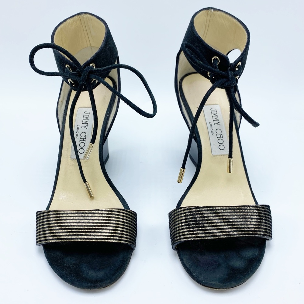 Jimmy Choo 6.5 /36.5 Black & Gold Stripe Lace-up Tie Wedge Suede Sandal